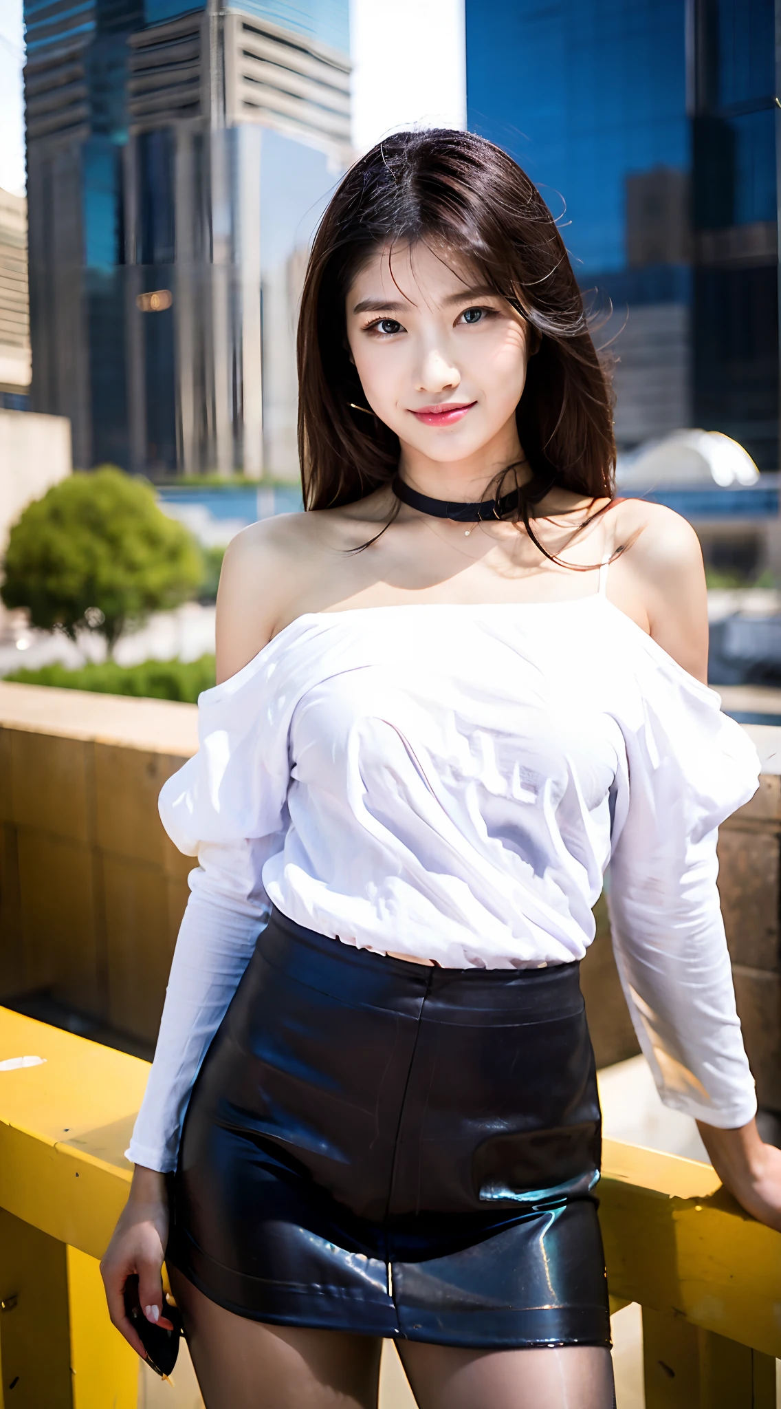 Best Quality, 超A high resolution, (Photorealistic:1.4), 1girl in, Off-shoulder white shirt, Black tight skirt, pin heels, (faded ash gray hair:1), (Model Pose,Open legs,Full body portrait:1.2), Looking at Viewer, cowboy shot,Modern skyscrapers