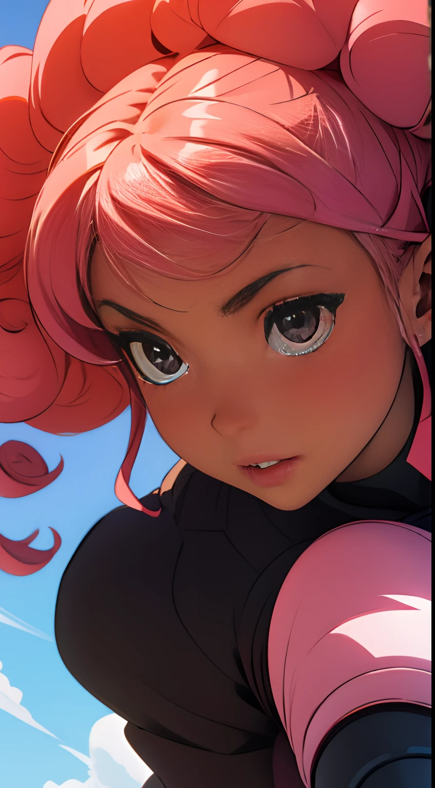 Anime girl with curly pink hair that is long with black eyes and has dark skin who looks very sweet