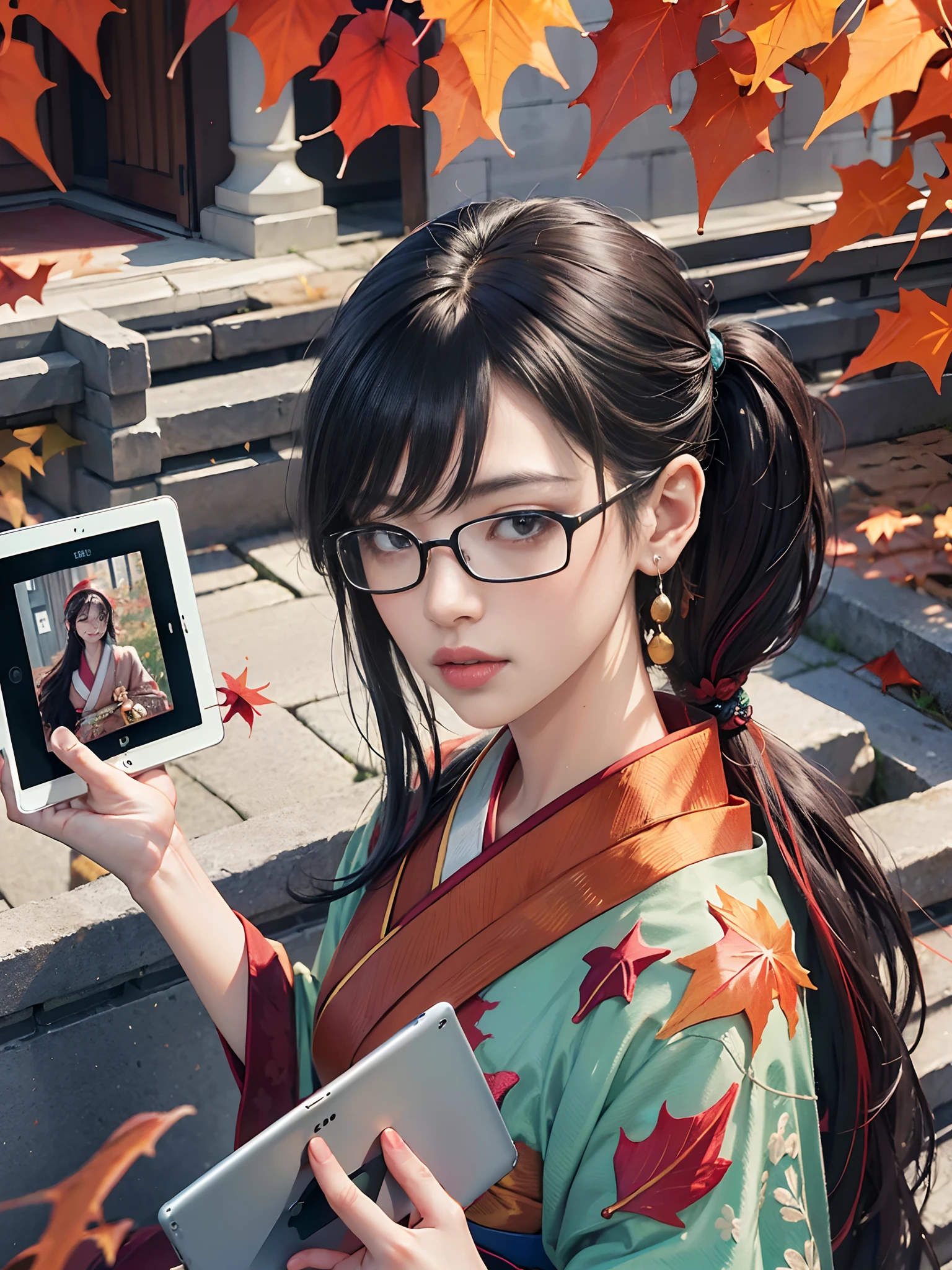 (rokoko:1.5),Background of details((the morning sun(mountainscape)),(Kyoto in Japan(Colored leaves:1.5))),BREAK ,elaborate costume(Luxury kimono(Colorful kimono(detailed embroidery()))),BREAK,(1 Beautiful and classy adult woman(Japanese actressl:1.2)(glossy dark hair(poneyTail:1.2))),(eye glass(four corners):1.2),(Holding a brush:1.2),Painting(iPad:1.5),BREAK,Wallpapers 16K,Blur the background,(masutepiece:1.5),(Best Quality:1.5),(Portrait photos:1.5),From  above