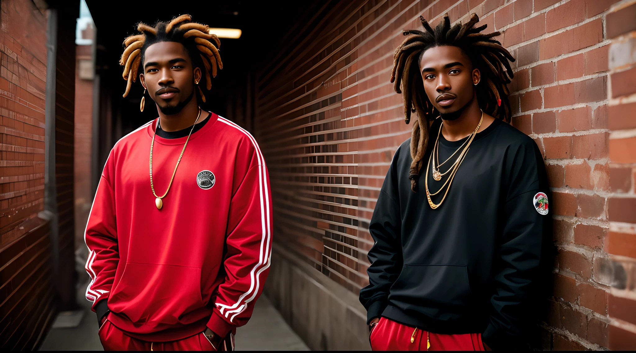 Retro, 90s, hazy film, realistic, black man, dark skin, long dreadlocks, red clothes, gold jewelry, half body, serious expression, brick wall, streetwear, light smile