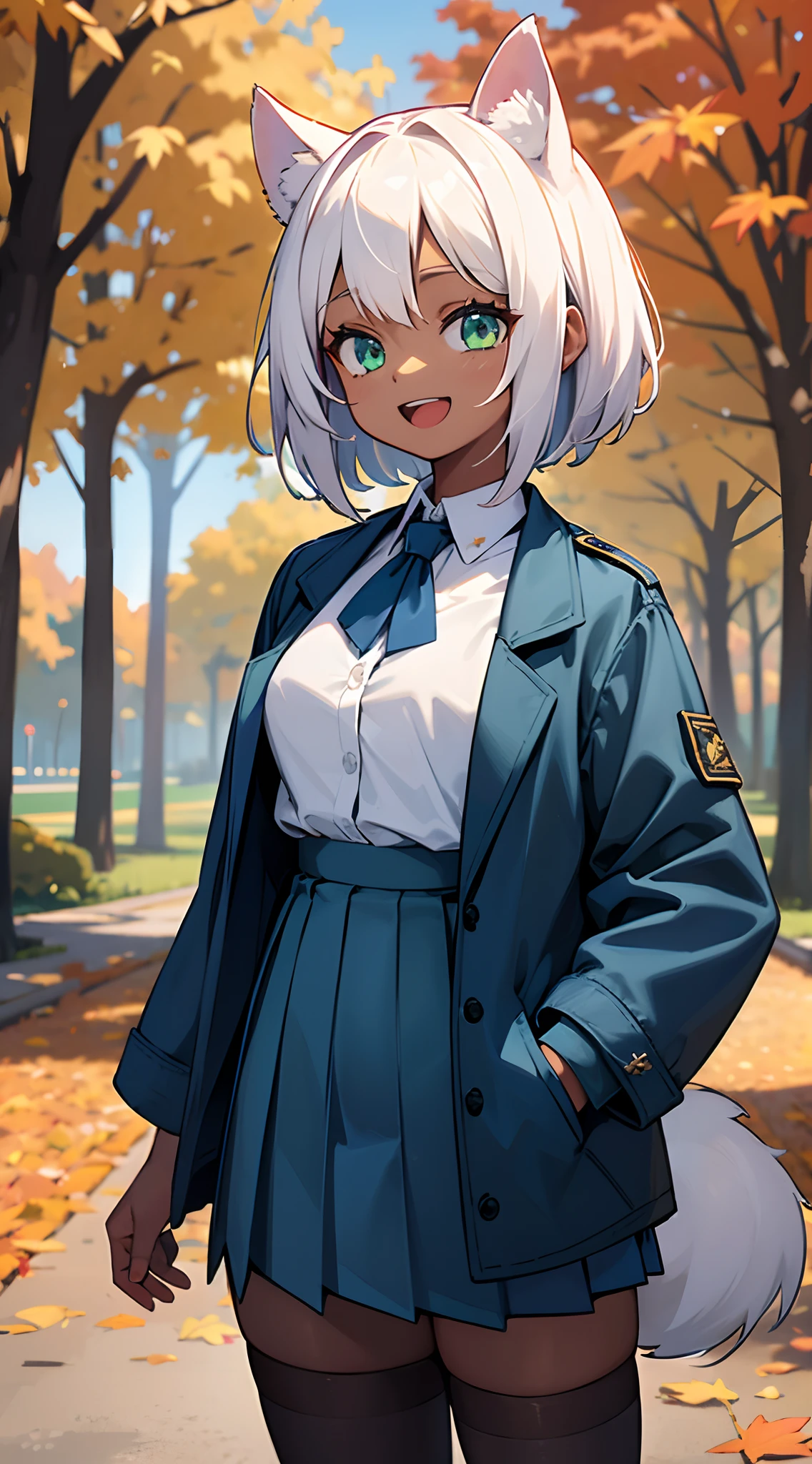 masterpiece,best quality,ultra detailed,8k,solo,girl,,medium breasts,dark skinned,dark skinned female,sanpaku,short hair,white hair ,{{{droopy dog ears}}},dog tail,green eyes,smile,open mouth,blue military uniform,blue jacket,pleated skirt,long sleeves,blue skirt,thighhighs,fall leaves,park,autumn leaves,outdoors,upper body,standing,