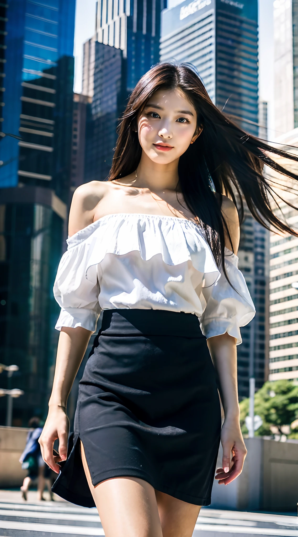 Best Quality, 超A high resolution, (Photorealistic:1.4), 1girl in, Off-shoulder white shirt, Black tight skirt, (faded ash gray hair:1), (Model Pose,Open legs,Full body portrait:1.2), Looking at Viewer, cowboy shot,Modern skyscrapers