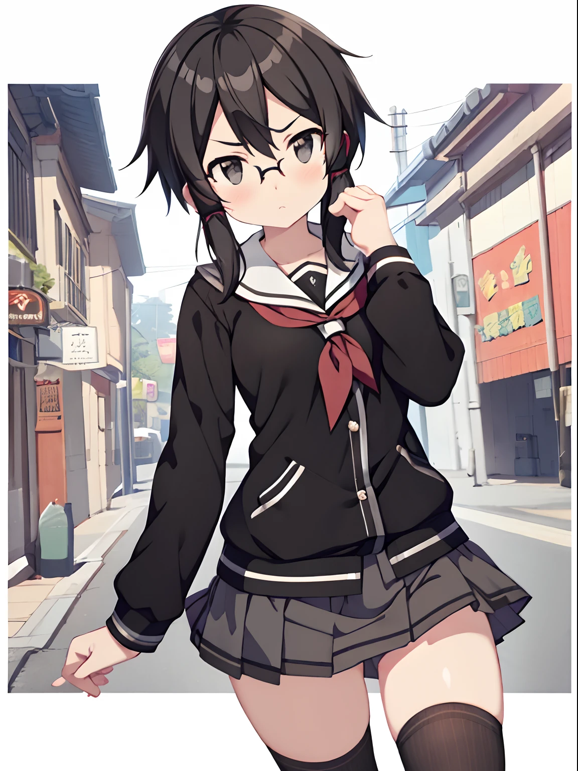 {shino asada, (black eyes:1.5), black hair, hair between eyes, hair ribbon, short hair, sidelocks, glasses}, Highly detailed and realistic CG, Colorful, Masterpiece, Best Quality, novel illustration,1girl in, Solo, loose socks, contrapposto, miniskirt, black school uniform, zettai ryouiki, pupils, looking over eyewear, troubled eyebrows, confused, from POV,