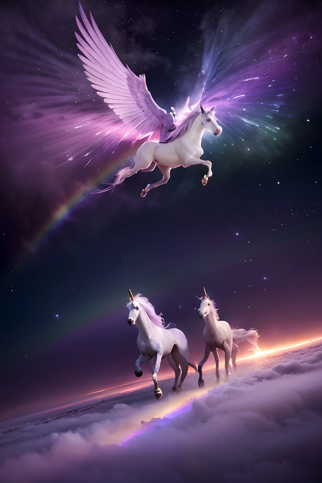 Draw two winged pegasus in a purple sky, unicorns, ethereal rainbows, Rainbow reflections, Pegasus, In a mysterious scene, unicorn, Magical and mysterious, heaven on earth, author：Caroline Chariot-Dayez, Cindy Wright, glitters. fantasy, beautiful dreamy breathtaking, Ethereal aurora spirit, beautiful fantasy, magic fantasy highly detailed