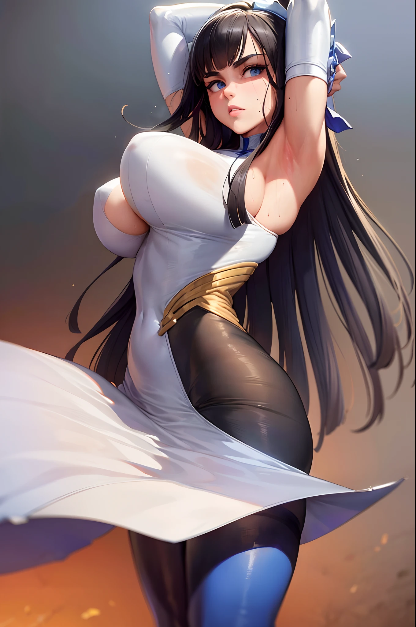 (best quality, highres:1.2), 1girl, beautiful detailed eyes, beautiful detailed lips, extremely detailed eyes and face, long eyelashes, medium:oil painting, vivid colors, HDR, studio lighting, ultra-fine painting, sharp focus, physically-based rendering, extreme detail description, portraits, curvy body, big breasts, perfect shape, showing armpit, facing viewer, sweaty, gorgeous, arms up, sleeveless latex bodysuit