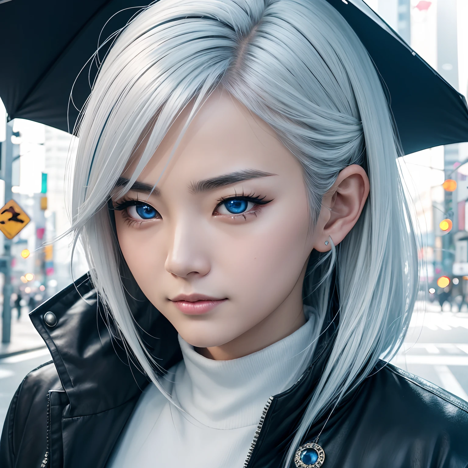 A hyperrealism realistic 3/4 photography shot of gojo satoru in gender bender style, euroasia maiden with pixie white hair. fine details of feeling funny expression. fine hyper-detailed face and body, fine details beautiful drawn sparkling crystal blue silver eyes. fine details blue black turtle neck techware parka jacket. professional photo, ISO/100, high resolution, high detail, 40mm lens, aesthetically pleasing, correct angle. shibuya city background