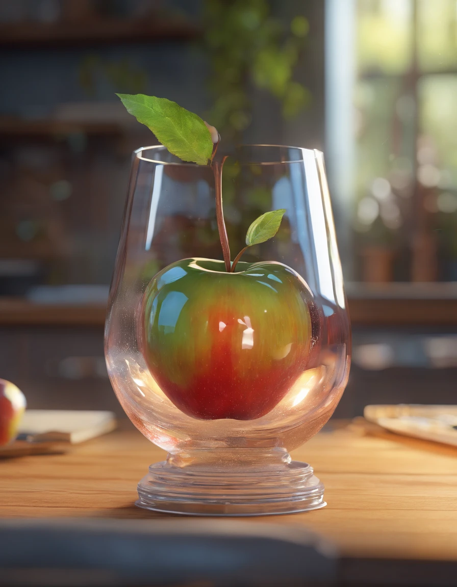 A apple in a glass, the entire tree of apple contained inside a glass, planets and galaxies in a glass, wooden dining table, super realistic, hyper detailed, dramatic lighting, 4k, ultra hd, realistic, vivid colors, highly detailed, UHD drawing, pen and ink, perfect composition, beautiful detailed intricate insanely detailed octane render trending on artstation, 8k artistic photography, photorealistic concept art, soft natural volumetric cinematic perfect light