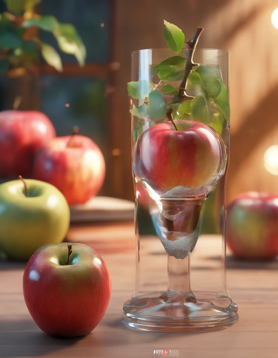 A apple in a glass, the entire tree of apple contained inside a glass, planets and galaxies in a glass, wooden dining table, super realistic, hyper detailed, dramatic lighting, 4k, ultra hd, realistic, vivid colors, highly detailed, UHD drawing, pen and ink, perfect composition, beautiful detailed intricate insanely detailed octane render trending on artstation, 8k artistic photography, photorealistic concept art, soft natural volumetric cinematic perfect light