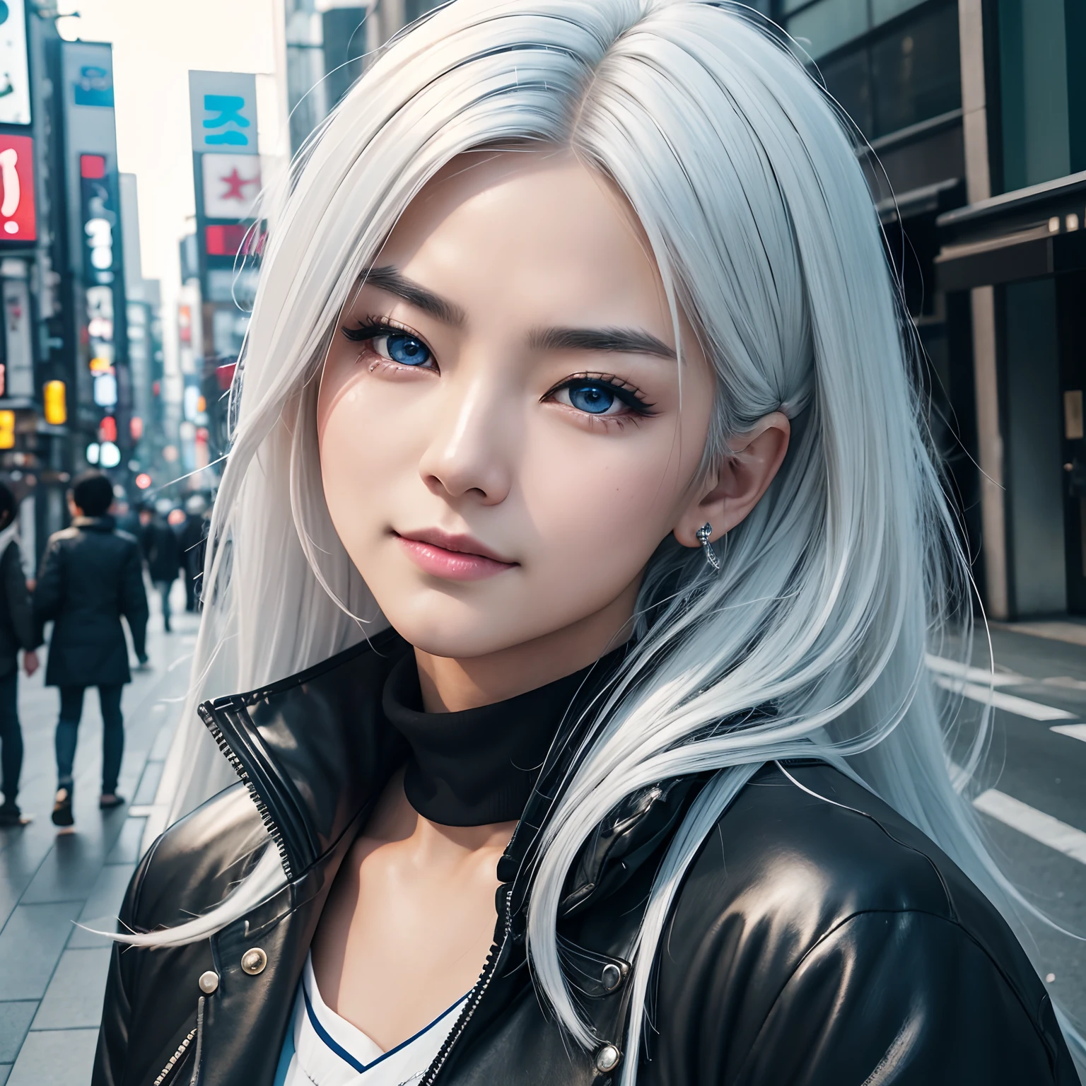 A hyperrealism realistic 3/4 photography shot of gojo satoru in gender bender style, pan asia maiden with pixie white hair. fine details of feeling funny expression. fine hyper-detailed face and body, fine details beautiful drawn sparkling crystal blue silver eyes. fine details blue black turtle neck techware parka jacket. professional photo, ISO/100, high resolution, high detail, 40mm lens, aesthetically pleasing, correct angle. shibuya city background