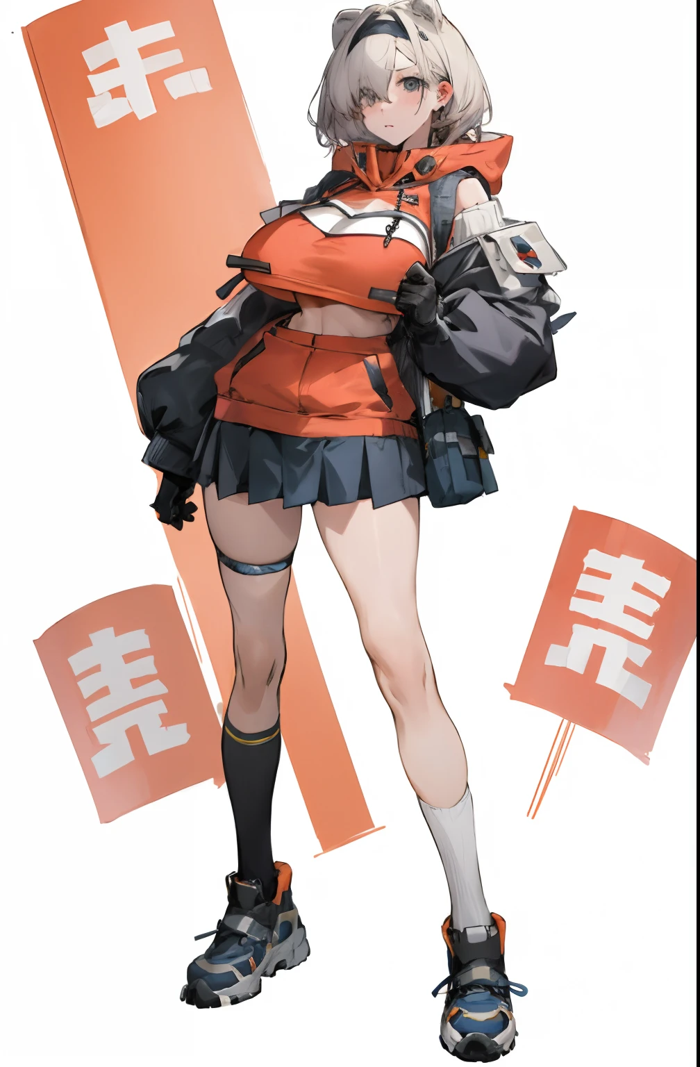 Bigboobs，cropped shoulders，knee length socks，pleatedskirt，hoody，Stand up