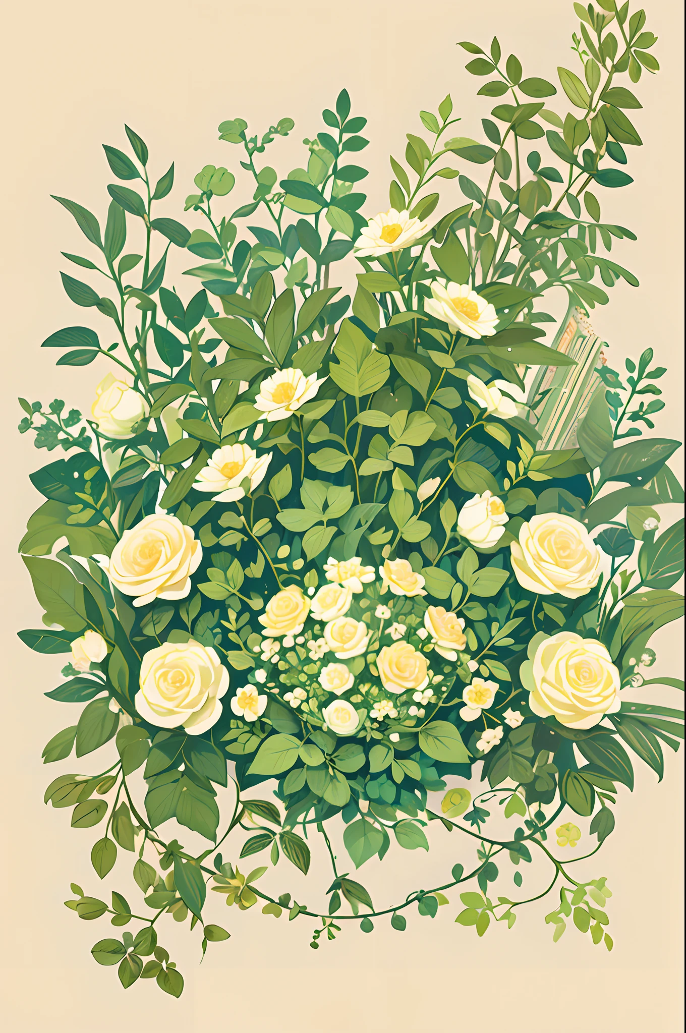 Slight vintage color,planar,,RISO print style,illustration,adolable,Leave white space,low-saturation,Lots of flowers,Individually arranged,leafs,branches,Printing, a sticker,Random distribution,Lovely drawing style, Color guide,Graphic design,Carpet pattern,(solid color backdrop)