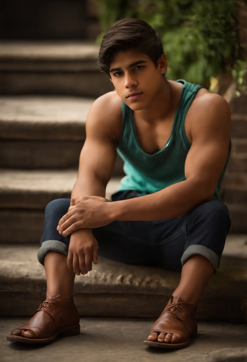 Photo of  muscled  Mexican boy sitting with his masculine soles facing you.