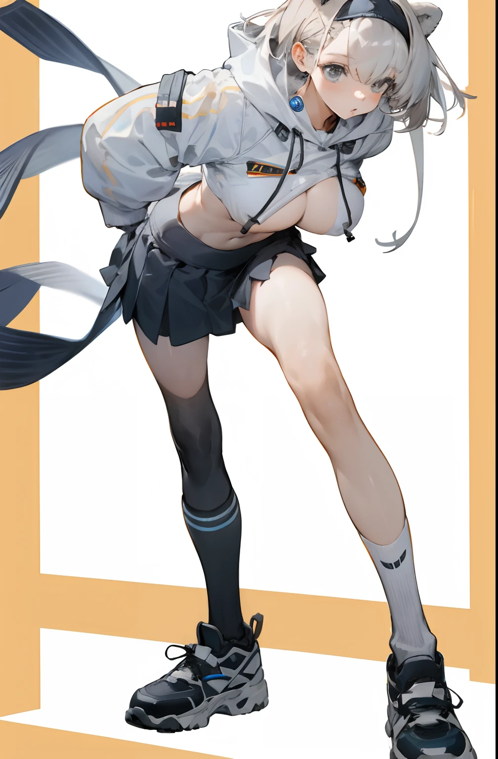 Bigboobs，cropped shoulders，knee length socks，pleatedskirt，athletic sneakers，hoody，Stand up