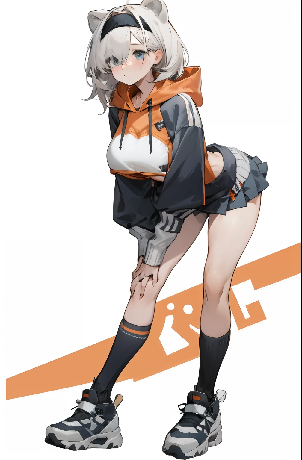 Bigboobs,cropped shoulders,knee length socks,pleatedskirt,athletic sneakers,hoody,Stand up