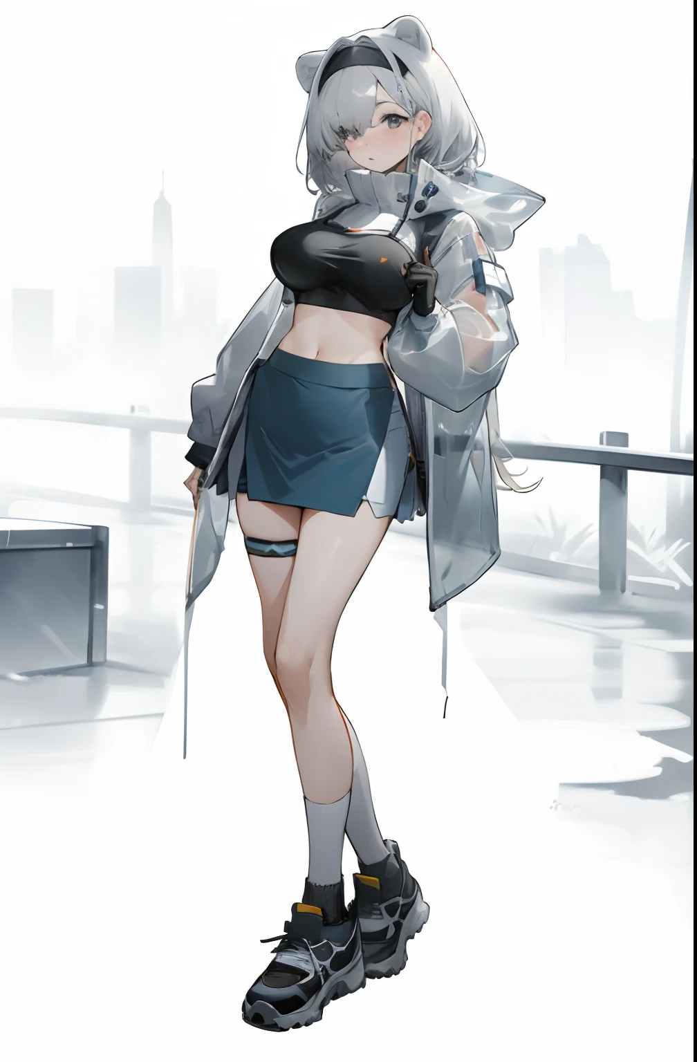 Bigboobs，cropped shoulders，knee length socks，pleatedskirt，athletic sneakers，see-through raincoat，Stand up