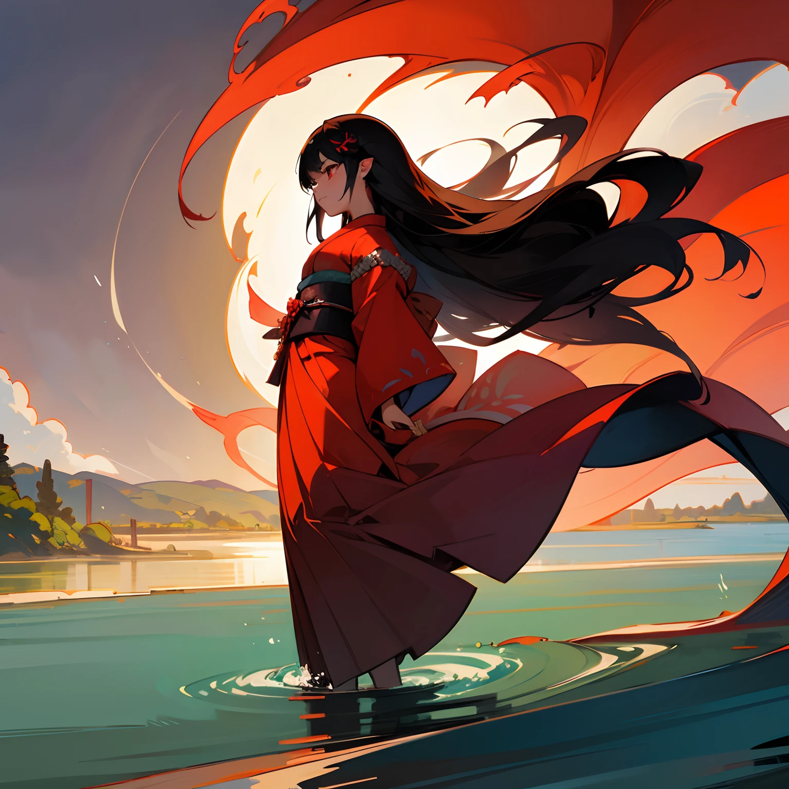 A dark-haired、length hair、Hair flowing in the wind、Traditional kimono、shrine maiden、Neutral facial features、Beautiful face、Red Eyes、Troubled look、Bright background、Walking outdoors、Classic landscape、Landscape of flowing river