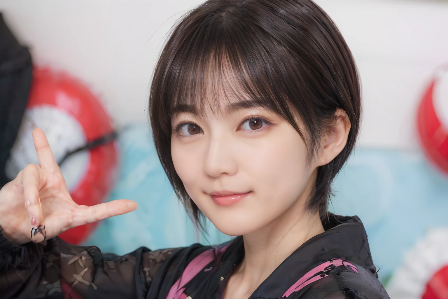 58
(a 20 yo woman), (A hyper-realistic), (masutepiece), ((A dark-haired、short-hair:1.3)), (Breast), kindly smile, (Clothes printed with anime characters)