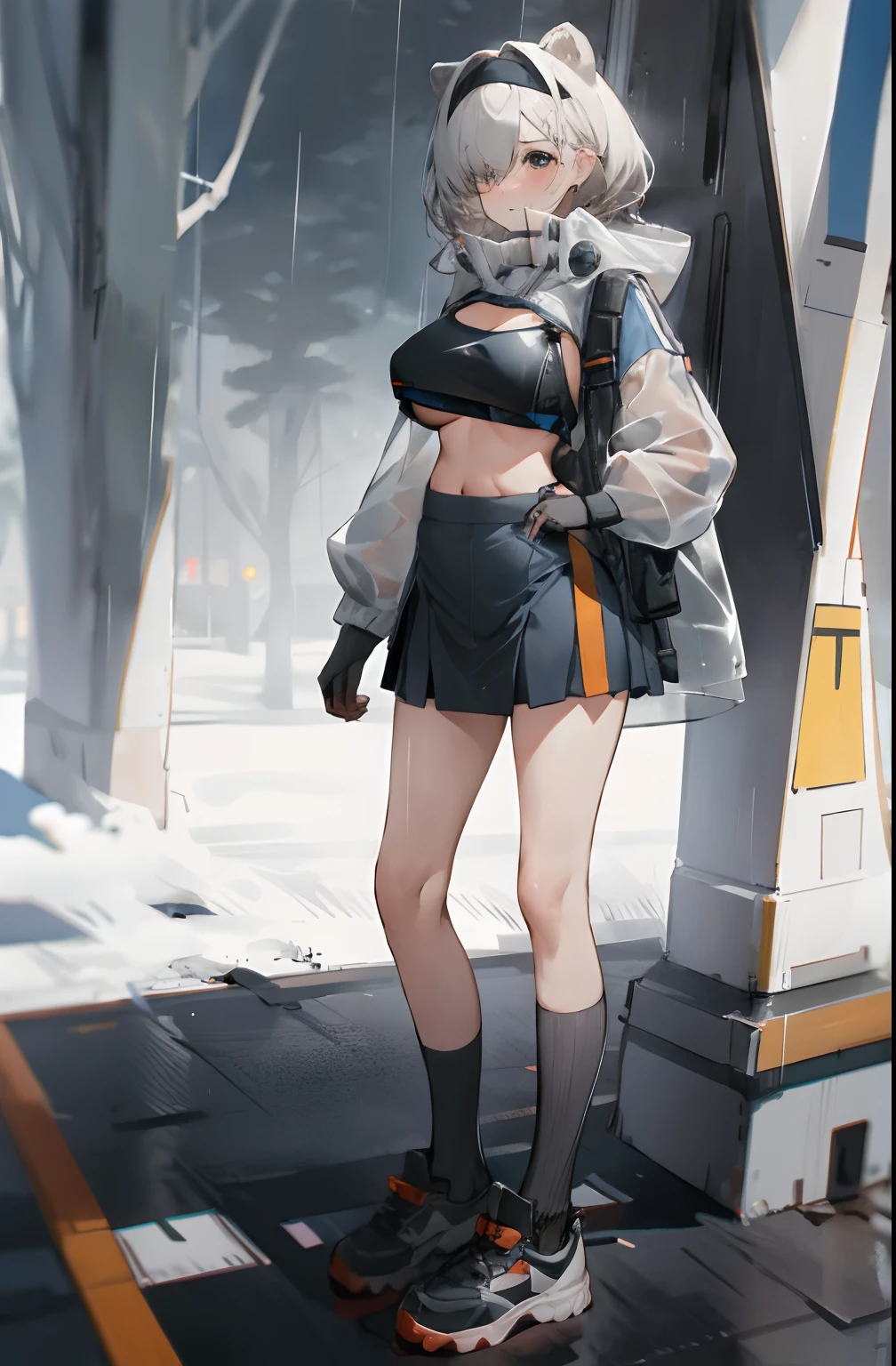 Bigboobs，cropped shoulders，knee length socks，pleatedskirt，athletic sneakers，see-through raincoat，Stand up