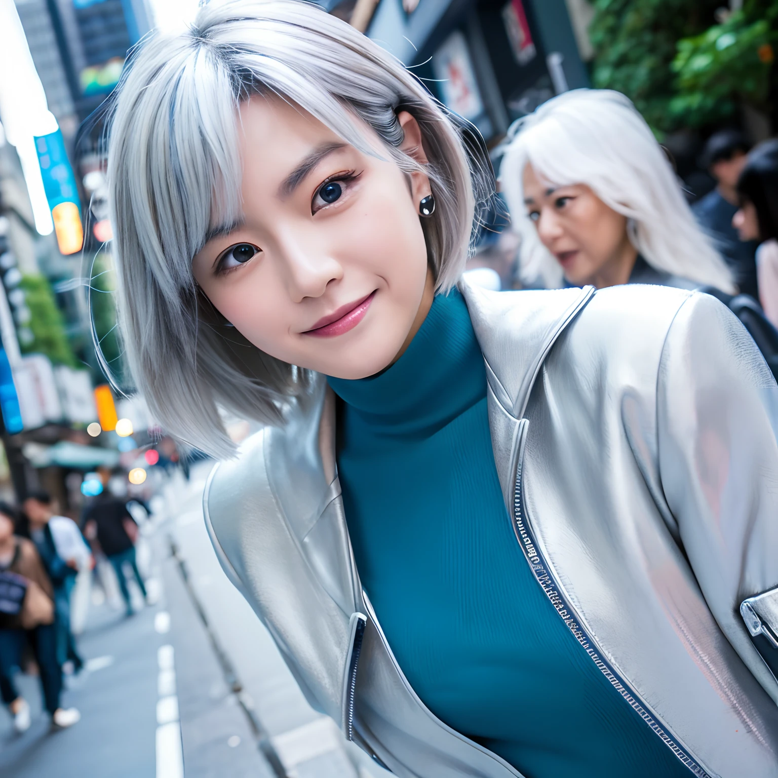 A hyperrealism realistic 3/4 photography shot of gojo satoru in gender bender style, pan asia maiden with pixie white hair. fine details of feeling funny expression. fine hyper-detailed face and body, fine details beautiful drawn sparkling crystal blue silver eyes. fine details blue black turtle neck techware parka jacket. professional photo, ISO/100, high resolution, high detail, 40mm lens, aesthetically pleasing, correct angle. shibuya city background