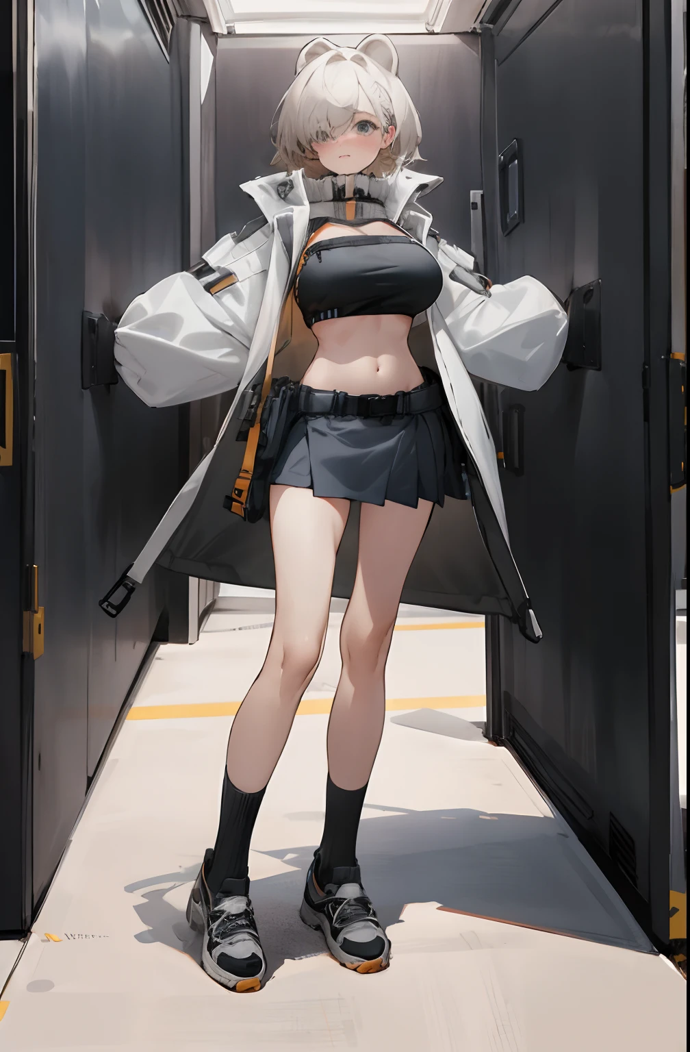 Bigboobs，cropped shoulders，knee length socks，pleatedskirt，athletic sneakers，Wear a trench coat on the outside and a bandeau on the inside，Stand up