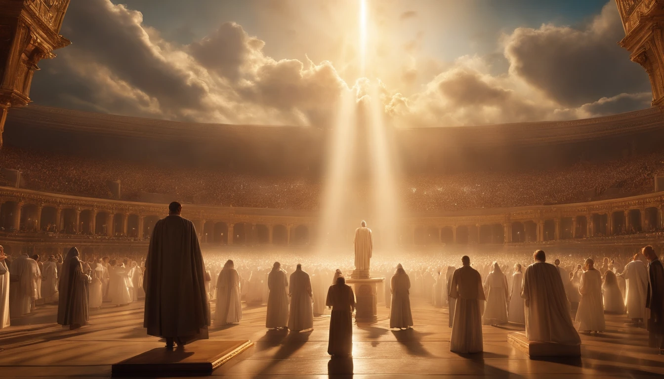 The Rapture ,Thousands of people are floating in the air,Standing on the clouds, Thousands of people are dressed in white, Raise your hands and sing hymns to praise God. The scenes are magnificent and surreal. (Best Quality, 4k, 8K, high resolucion, Masterpiece:1.2), Ultra-detailed, (realisitic, Photorealistic, Realistis:1.37), portrait of a, Vivid colors, studio lit, Sharp focus, physics based rendering, extreme detail description, Biblical Topics, grand ambience, radiant light.