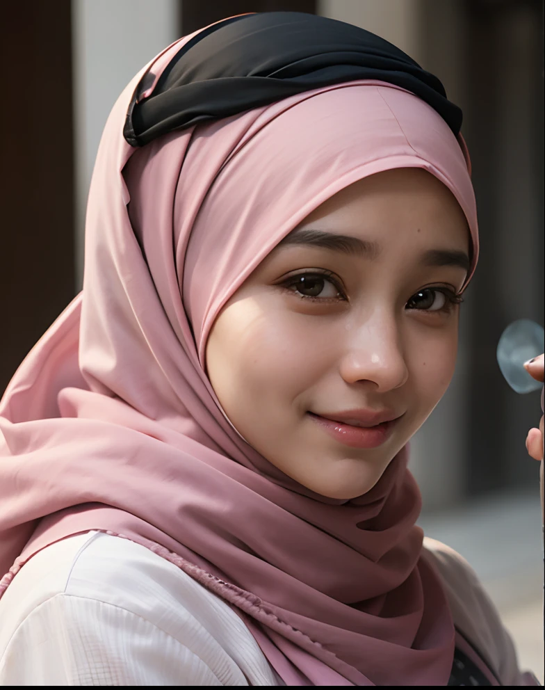 smiling woman in pink scarf holding a glass of water, faridah malik, hijab, student, very slightly smiling, avatar image, islamic, detailed picture, malaysian, profile photo, hannah yata, serena malyon, full protrait, picture, protrait, slightly smiling, ameera al-taweel, inspired by Nazmi Ziya Guran, profile picture