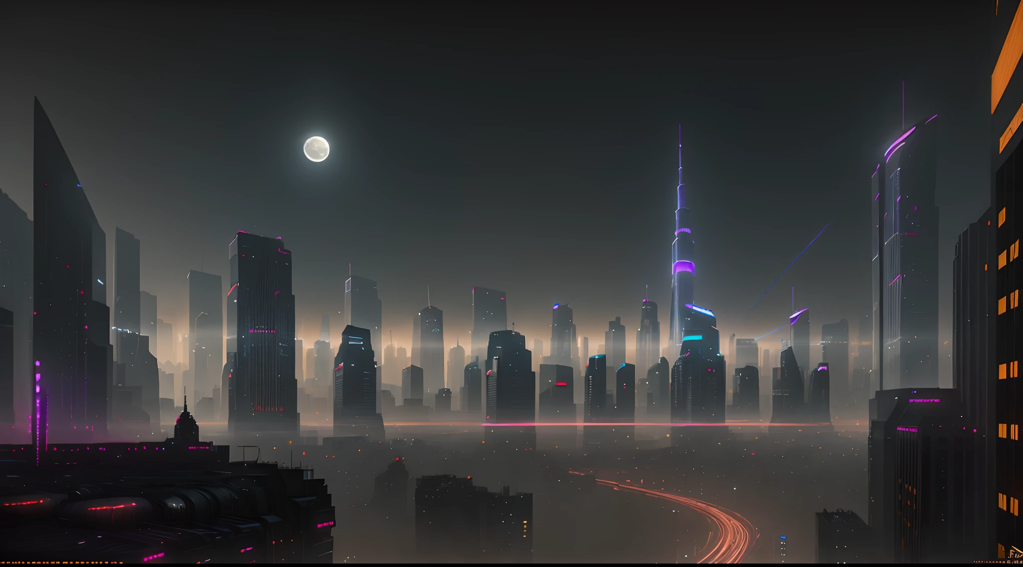 (highly detailed:1.2),(best quality:1.2),(8k:1.0),(emb-rrf-low:1.0),sharp focus,(award-winning photograph:1.2), (subsurface scattering:1.1), best quality, 16k, Futuristic cityscape with towering skyscrapers, neon-lit streets, flying cars, holographic billboards, and a full moon backdrop, by Robert Broomfield, 3D art, photorealistic, hyper-detailed, dystopian, trending on ArtStation, cinematic lighting, sci-fi, and fantasy.