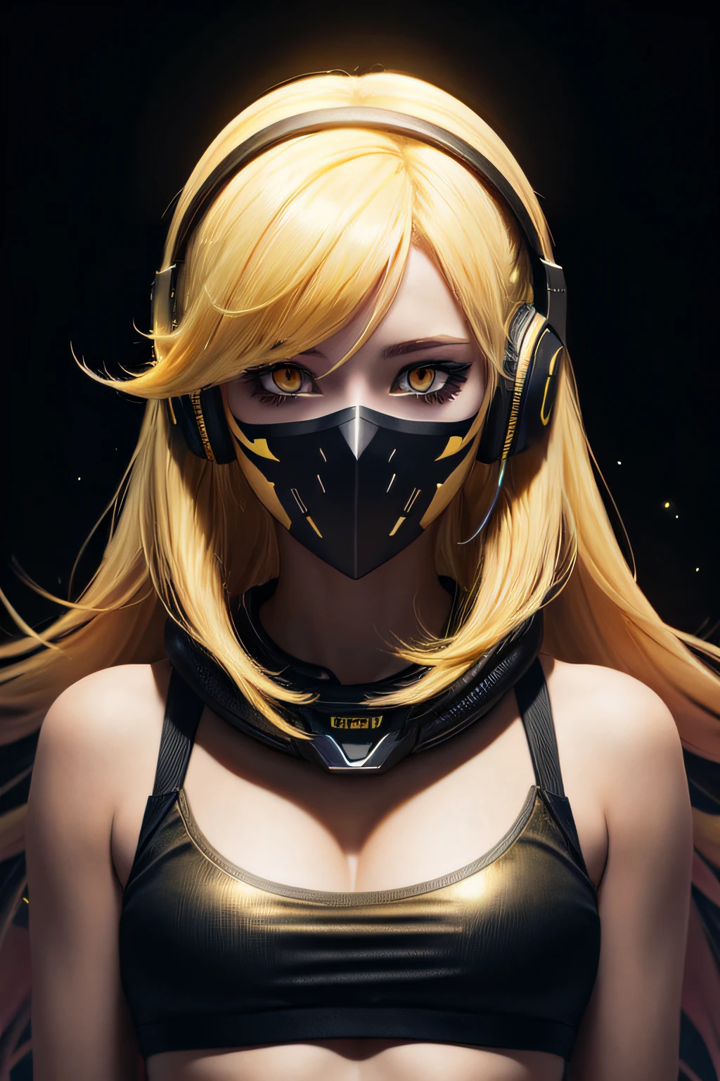 girl with long yellow hair, yellow eyes, futuristic vibes, mask on mouth, headphones, 8k, high quality, simple background, glowing eyes, nice pose