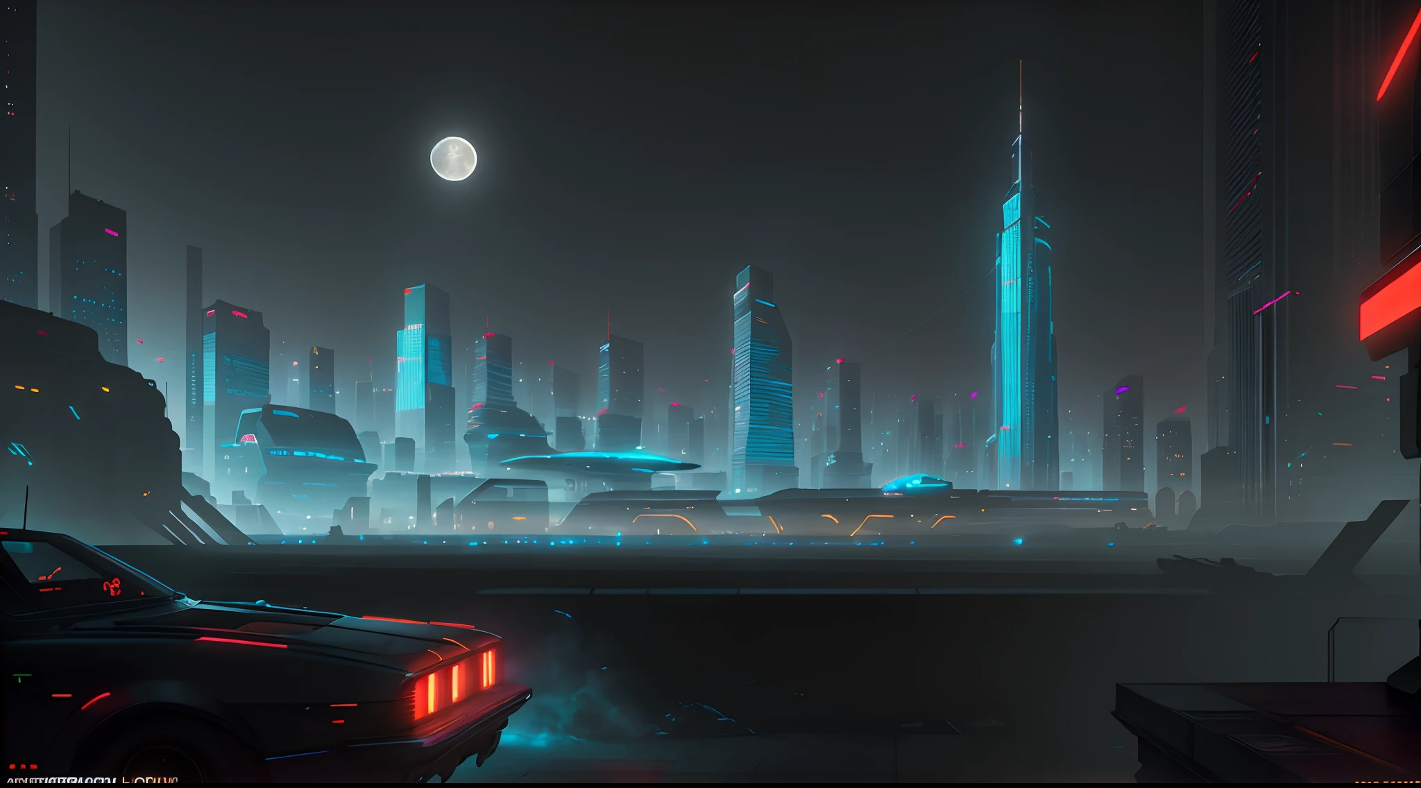 (highly detailed:1.2),(best quality:1.2),(8k:1.0),(emb-rrf-low:1.0),sharp focus,(award-winning photograph:1.2), (subsurface scattering:1.1), best quality, 16k, Futuristic cityscape with towering skyscrapers, neon-lit streets, flying cars, holographic billboards, and a full moon backdrop, by Robert Broomfield, 3D art, photorealistic, hyper-detailed, dystopian, trending on ArtStation, cinematic lighting, sci-fi, and fantasy.