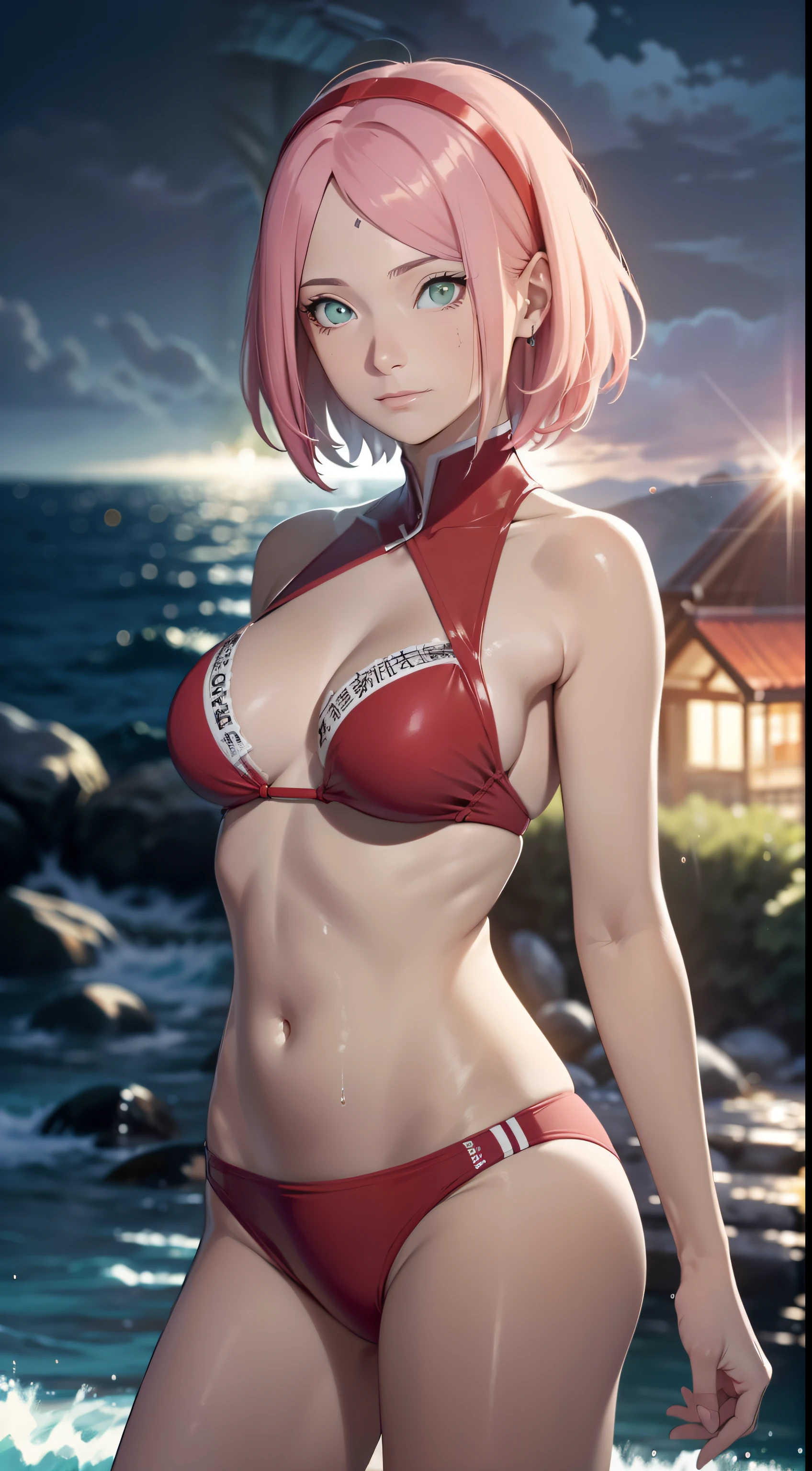 ,Kirschblütenwald, (Hohe Detailgenauigkeit:1 1), Raues Gesicht, natural skin, High quality, NSFW, Naruto Sakura,Ein rosahaariger,kurzes, detailliertes Haar,green eyes,(big boobs:1.2),(Schulterfreie Kleidung:1.5),Auslaufen aus der Schulter,(Bikini:1.5),(smil:1.2),Rot im Gesicht sein,(Spaltung:1.4),sexy Figur,Perfect body,Bikini with holes,gorgeous eyes, (detailliertes Gesicht und Augen), (Das Gesicht: 1 2), Noises,extra, Echtes Foto, ..................PSD, Lampenfilm-Fotografie, Scharfer Fokus, Kontrastreiche Beleuchtung, Empfindliche Haut, High Resolution 8K, Wahnsinnige Details, realistisch, Professionelles Fotoshooting, 8K UHD, Spiegelreflexkamera, Sanfte Beleuchtung, High quality, filmgrain, Fujifilm XT3,Zauberei,Partikel-FX,wet bikini,man sieht die nippel