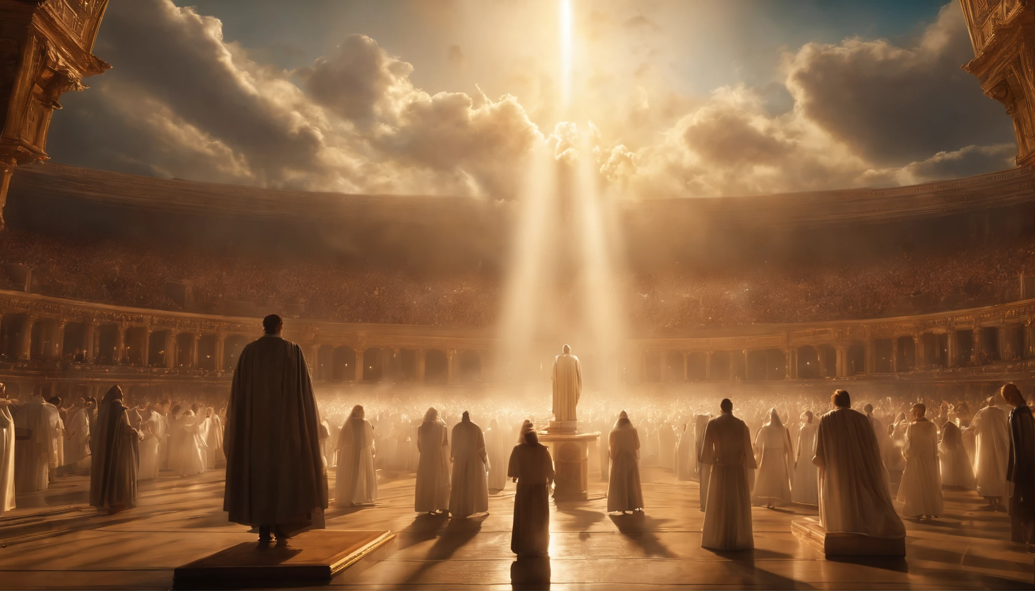 The Rapture ,Thousands of people are floating in the air,Standing on the clouds, Thousands of people are dressed in white, Raise your hands and sing hymns to praise God. The scenes are magnificent and surreal. (Best Quality, 4k, 8K, high resolucion, Masterpiece:1.2), Ultra-detailed, (realisitic, Photorealistic, Realistis:1.37), portrait of a, Vivid colors, studio lit, Sharp focus, physics based rendering, extreme detail description, Biblical Topics, grand ambience, radiant light.