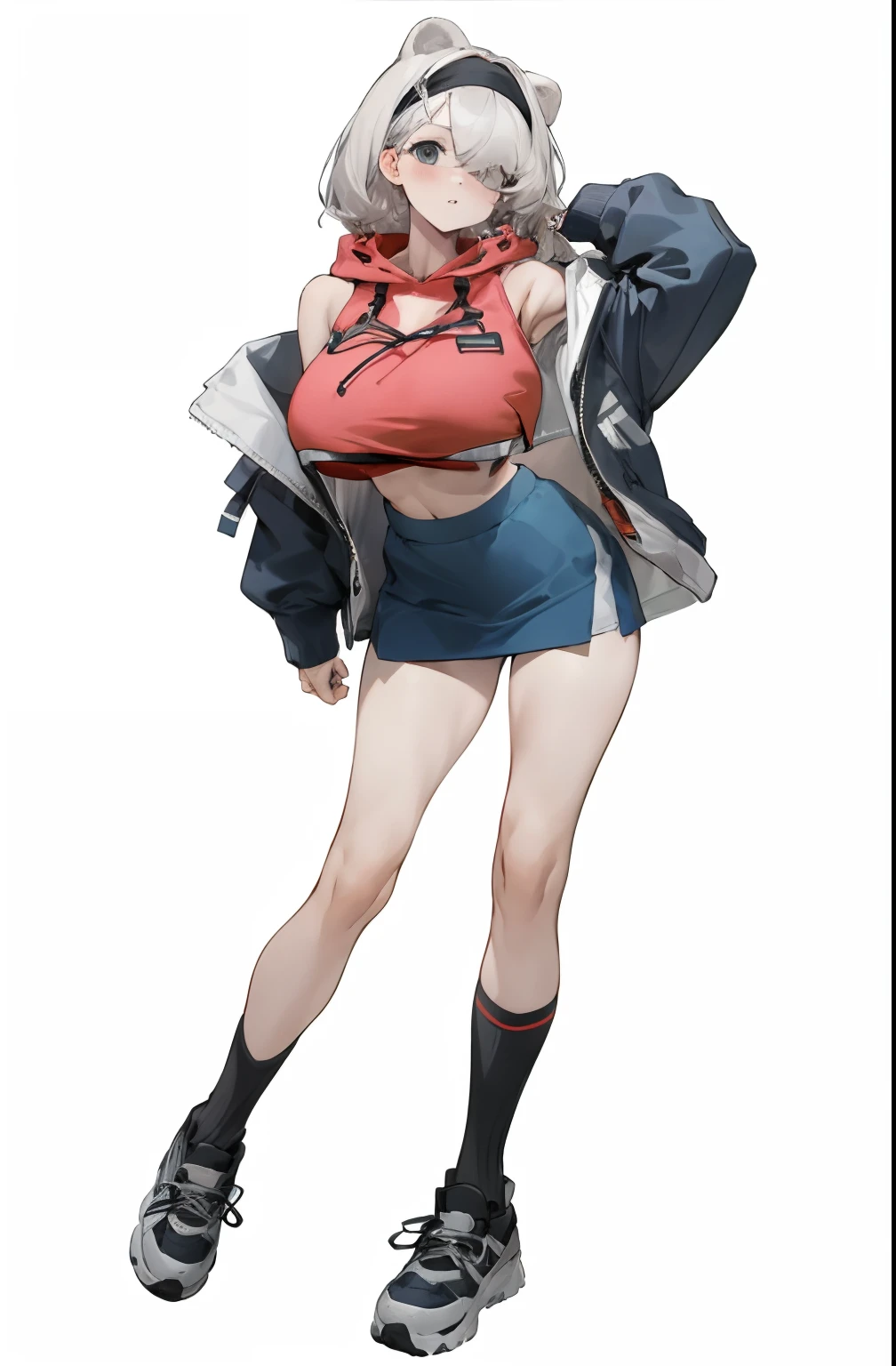Bigboobs,cropped shoulders,knee length socks,pleatedskirt,athletic sneakers,hoody,Stand up