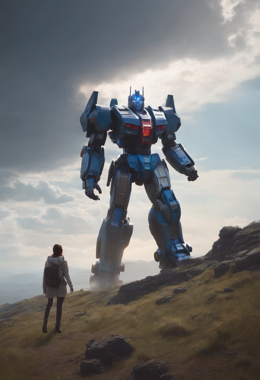 A woman stands on a hill,The image of the mecha Optimus Prime,There is a huge object in the sky, album cover concept art, jessica rossier fantasy art, in the style of beeple, The aura is infinite!!, by jessica rossier, artgem and beeple masterpiece, inspired by jessica rossier, arstation and beeple highly, Halo / nimbus