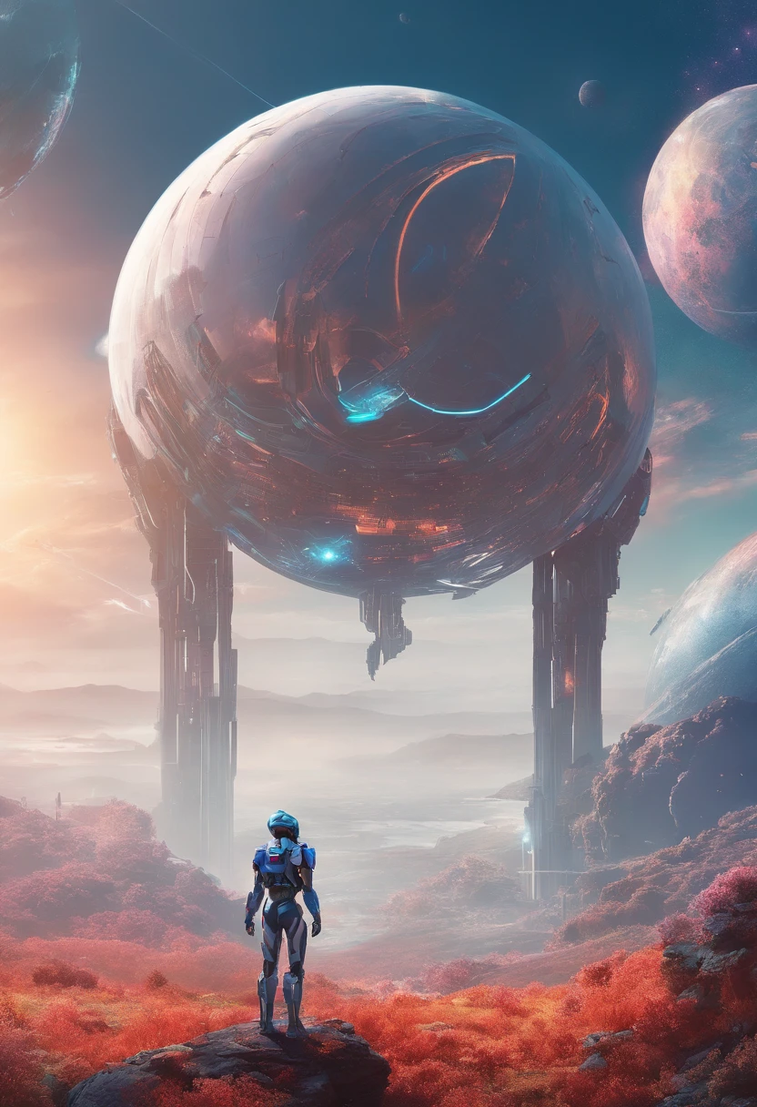 A woman stands on a hill，The image of the mecha Optimus Prime，There is a huge object in the sky, album cover concept art, jessica rossier fantasy art, in the style of beeple, The aura is infinite!!, by jessica rossier, artgem and beeple masterpiece, inspired by jessica rossier, arstation and beeple highly, Halo / nimbus
