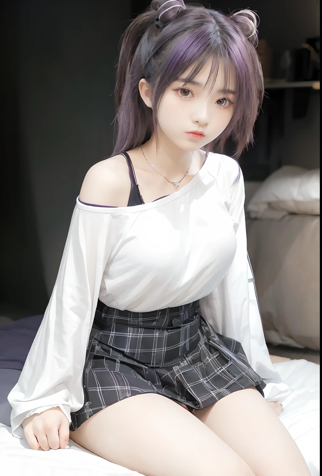 Keqing, genshin impact, sitting on a bed, black skirt with line pattern, necklace, white long shirtpurple hair, purple eyes, medium breast, super realistic, super detail