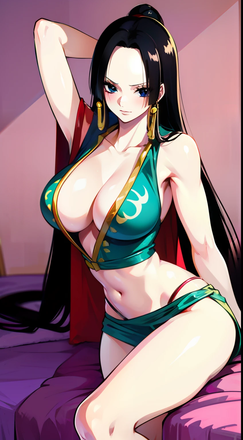 Boan Hancock from One Piece, Long black hair, Hands on hair, Show armpits, , Sexy, big nipple, 10, on a bed, Chest compressions