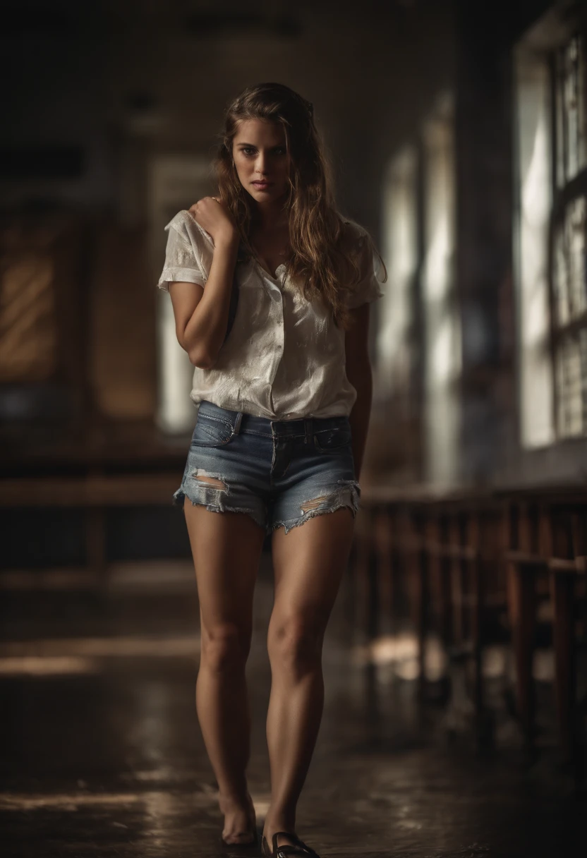 (realistic schoolgirl,short shorts,no shoes,ripped clothing,distressed,wet:1.2,see through clothing:1.1,feet visible,provocative,horny:1.1)