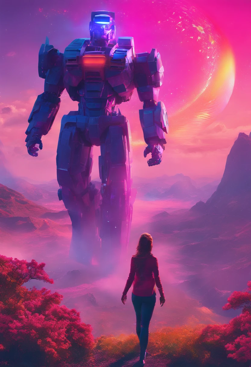 A woman stands on a hill，Mecha Optimus Prime image，There is a huge object in the sky, album cover concept art, jessica rossier fantasy art, in the style of beeple, The aura is infinite!!, by jessica rossier, artgem and beeple masterpiece, inspired by jessica rossier, arstation and beeple highly, Halo / nimbus
