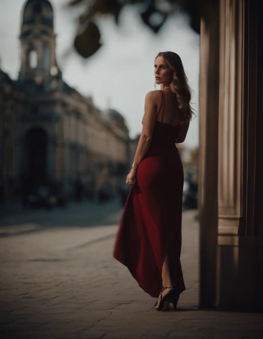 woman, 30s, beautiful, fearless, Greek origin, large sagging breasts, complex athletic body, luxurious red party dress, high heel shoes with dark blue coat, City of London