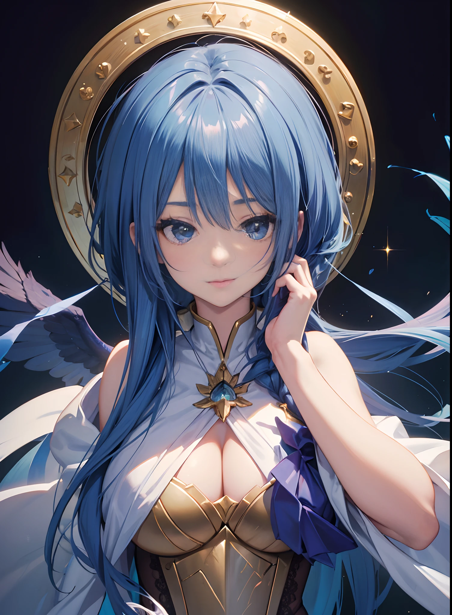 ((Masterpiece, Highest quality)), Detailed face, CharacterDesignSheet, full bodyesbian, Full of details,, Highly detailed, Depth, Many parts,Beautiful paladin girl,Holding a shield,Extremely beautiful,High Balance, Natural light, Lace,lacepantyhose,starrysky,Star blue hair,hentail realism, shadowing,character sheets, reference sheet, Standing painting, 8K, Super detail, 1080p, Women's HD,Slim,femele, 16k, A high resolution, Best quality, High quality, Anatomically correct, Masterpiece, ccurate, hyper HD,As graceful as a swan,unreal-engine, Ghibli-like colors, anime big breast, Standing painting, angle of view,Yarn skirt,ssee-through,blackstockings