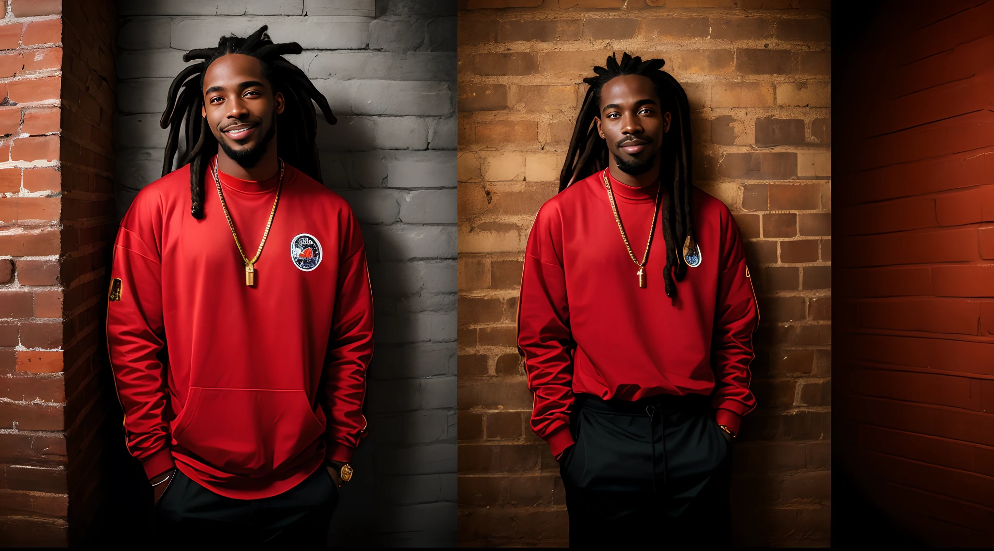 Retro, 90s, hazy film, realistic, black man, dark skin, long dreadlocks, red clothes, gold jewelry, half body, serious expression, brick wall, streetwear, light smile