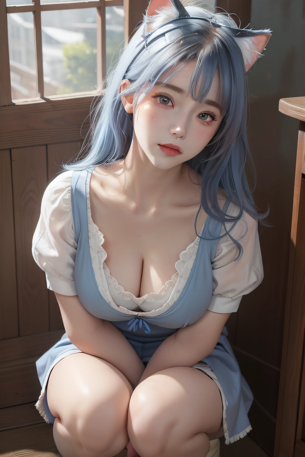1girll, 独奏, nedium breasts, looking at viewert, Be red in the face, short detailed hair, eBlue eyes, hair adornments, shift dresses, Ribbons, Huge breasts,DEEP-V COLLAR,Open chest,Upper chest, blue hairs, Hair ribbon, exteriors, No sleeves,Expose your arms to the sky, daysies, Hair is more than one eye, aprons, blue-sky, maidennurse, maid headdress, x hair ornamen, pink ribbons, Rossvale Mansion maid uniform,Young European and American women,Bigboobs,Upper chest,Expose the genitals,Tinif Blue,blue hairs,Gradient color hair,Cat ears,Stretch meat,stocklings,Wide thighs,cleavage,HD bell collar,true to life,Lace,Top quality,tmasterpiece,one-girl,Wavy gray hair,paleskin,Cat ears,Cat eyes,Moles under the eyes,Thick eyebrows,Thick lips,scar across right eye,freckle,in class room,Lori huge breasts cleavage,Small waist,Wide thighs,thigh gap,Exposing thighs,熟妇 ,secretary,mature,cinmatic lighting (RAW photogr:1 girlirl.2 pcs),(true to life:1 girlirl.4 pcs),beautiful details girl,very detailed eyes and faces,beatiful detailed eyes,Moody smile,hugefilesize,ultra - detailed,k hd,The original E is very detailed,best qualtiy,tmasterpiece,kemomimi,((Japan Girls' High School)校服)), illustratio, The original E is very detailed, CG, unified, 8k wallpaper, breath-taking, finedetail, tmasterpiece, best qualtiy, Highly detailed CG uniform 8k wallpaper, face illuminated,cinmatic lighting, , primitive,tmasterpiece,ultra fine photos,,best qualtiy,超高分辨率,Photorealistic and realistic,Breathtakingly beautiful,dynamicposes,s delicate face,Vibrant eyes,milkyW,highly detailedskin,Realistic details of skin,,8K UHD,digital SLR camera,high qulity,White skin of the,squatt,Squat toilet,urine,spread thighs,spread their legs,looking at viewert,Frontal photo