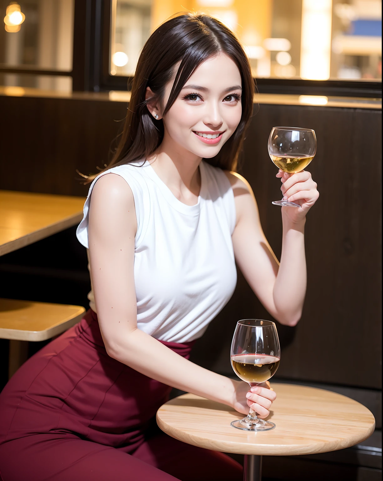 (64K, UHD, top quality, masterpiece: 1.2), (realistic, photorealistic: 1.37), super detailed, pretty woman 1 person, (slim face), (slim body), (brown hair), (short cut), cheeks slightly blushing, (41 years old), 38 years old, solo, outside the window is a beautiful detailed urban night view, restaurant, wine glasses sit, at night, in a prominent place (from the waist up) NovaFrogStyle, Actress, Model, Waist Up, White Wine, Slim, Wine Glass, Super Clean Night View, Wine Glass Put in the Middle, Happy Smile, (Smile: 1.15), Beautiful Fine Eyes, Upper Body, Bust Japan Up, Night, Short, Short, Actress, Model, Waist Up, White Wine, Slim, Wine Glass, Super Clean Night View, Wine Glass Put in the Middle, Happy Smile,
