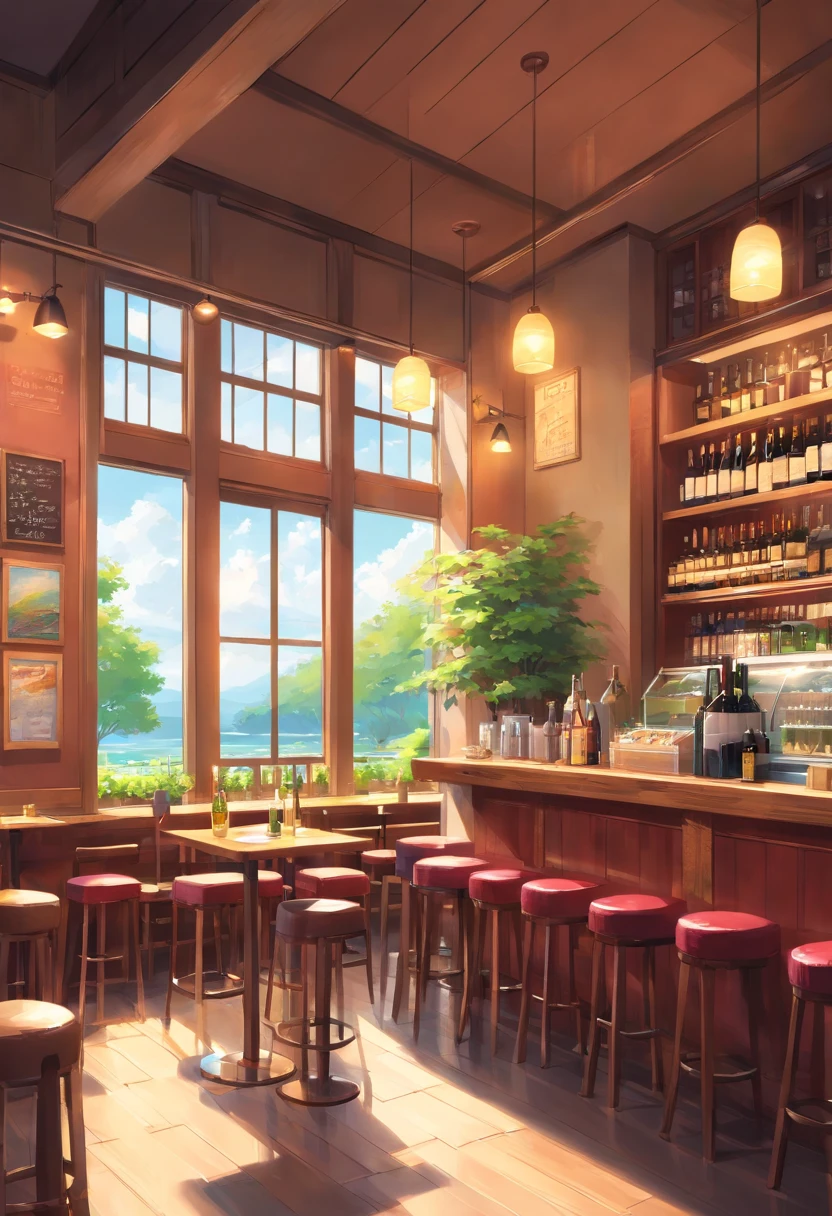 Cafe, Wine table and large windows, interior background art,a tavern