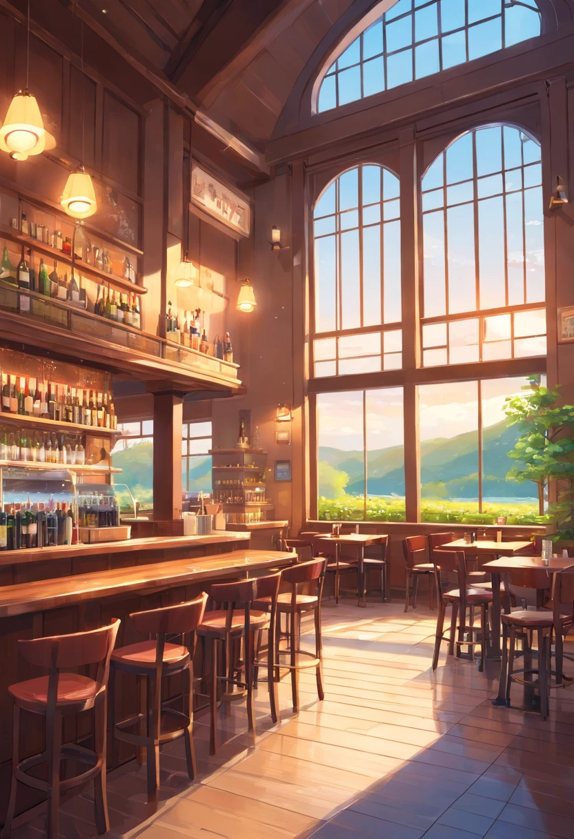 Cafe, Wine table and large windows, interior background art,a tavern