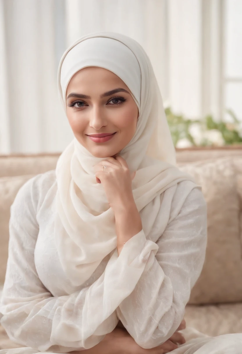 (photorealism:1.2), beautiful malay woman, smiling, chubby, laying on bed, wearing loose off-shoulders bride white short skirt, wearing white hijab, sexy open legs, big breast, cleavage,very big butt, indoors, plants in background, bright cozy room, sexy pose, realistic, intricate details, soft colors,