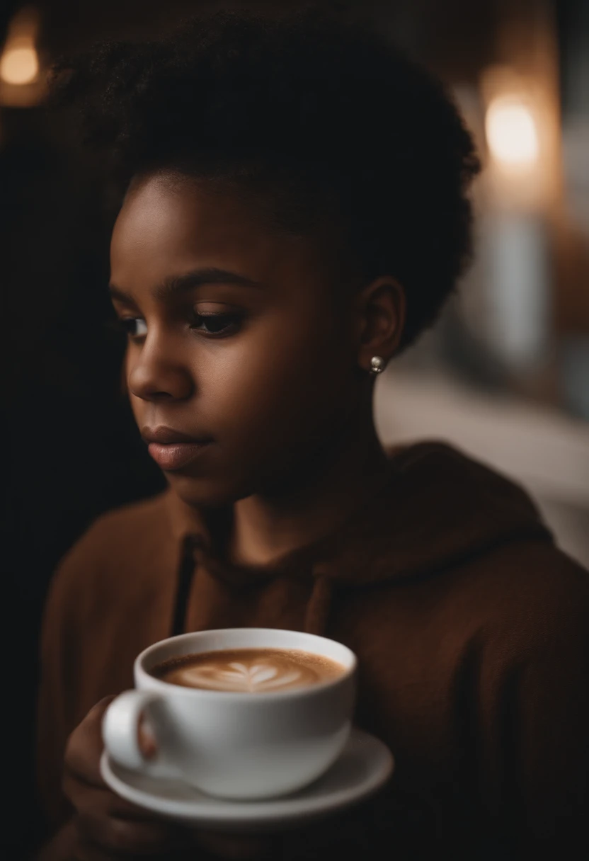 Portrait of a black teen chubby drinking coffee