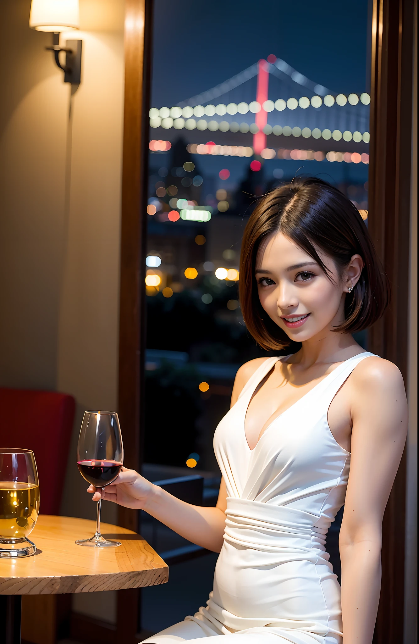 (64K, UHD, top quality, masterpiece: 1.2), (realistic, photorealistic: 1.37), super detailed, pretty woman 1 person, (slim face), (slim body), (brown hair), (short cut), cheeks slightly blushing, (44 years old), 38 years old, solo, beautiful detailed urban night view outside the window, restaurant, wine glasses sit, at night, in a prominent placeNovaFrogStyle, Actress, Model, Waist Up, White Wine, Slim, Wine Glass, Super Clean Night View, Wine Glass Put in the Middle, Happy Smile, (Smile: 1.15), Beautiful Fine Eyes, Upper Body, Bust Japan Up, Night, Short, Short, Actress, Model, Waist Up, White Wine, Slim, Wine Glass, Super Clean Night View, Wine Glass Put in the Middle, Happy Smile,