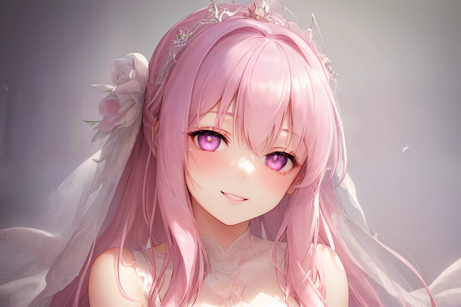 (A high resolution:1.2), Realistic,Smile model, Beautiful skin, Glowing skin, Blush, Beautiful detailed eyes, Bright and charming eyes,, A girl in a white wedding dress, Messy hair, Tattered clothes, A pink-haired, bangs, Pink and purple gradient pupils,Bokeh, Soft lighting, Subtle shadows,Medieval castle,Dove