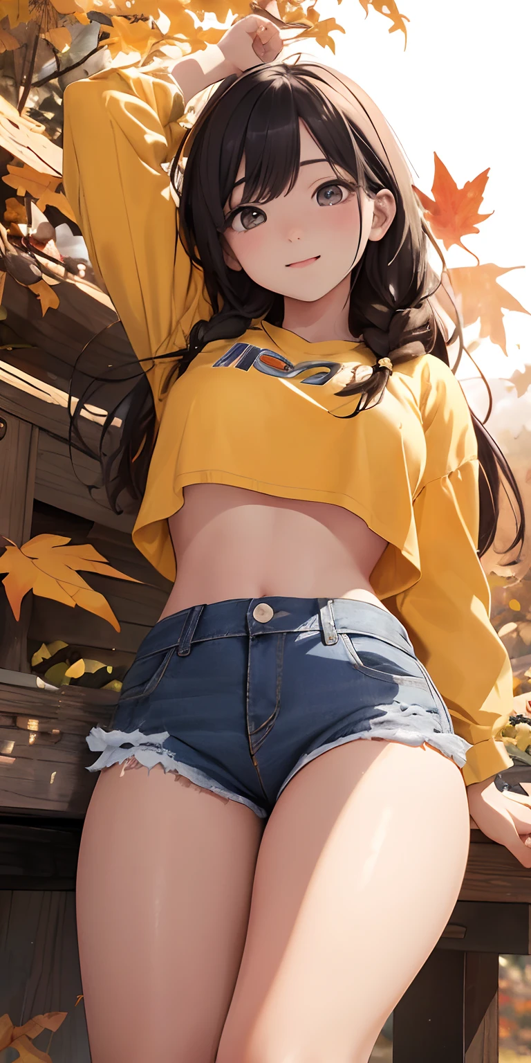 top-quality、Top image quality、masterpiece、 girl、skin gloss、(Dynamic super close-up looking up from below with slightly larger breasts)、Slightly thicker emphasis on the thighs、yellow crop top、Denim shorts、Bare legged、Face Real、Face smile、Autumn foliage、Versatile sexy poses、Hair braid